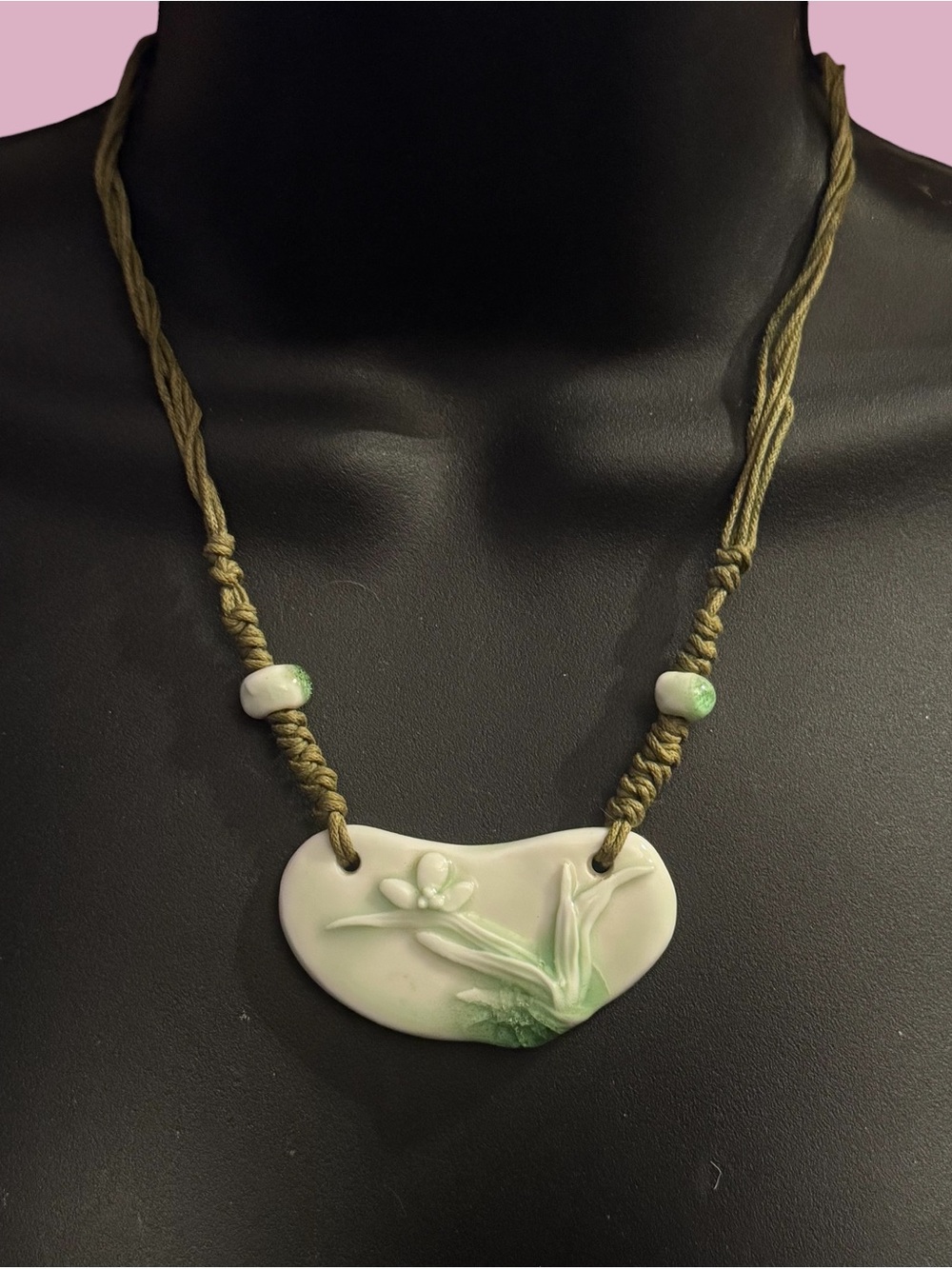 Vintage porcelain flower pendant adjustable cord necklace